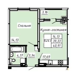 1-к. квартира, 40.91 м², 2/8эт.