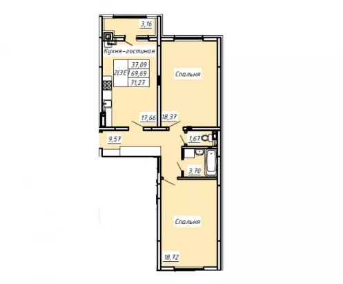 2-к. квартира, 71.27 м², 3/8эт.