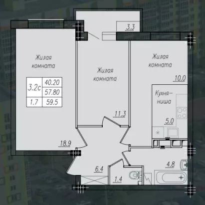 2-к. квартира, 59,5 м², 10/10 эт.
