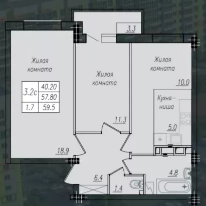 2-к. кв., 58,9 кв.м², 10/10 эт.