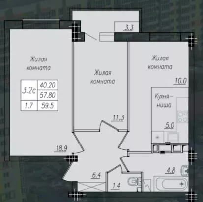 2-к. кв., 58,7 м², 4/10 эт.