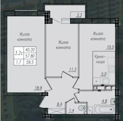 2-к. кв., 42,4 кв.м², 9/10 эт.