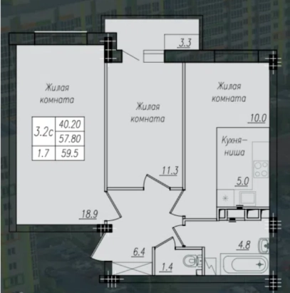 2-к. квартира, 57,9 м², 3/10 эт.