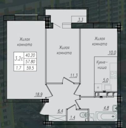 2-к. квартира, 58,7 м², 4/10 эт.